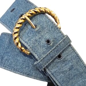 Denim Belt with Gold Buckle 90s Vintage Blue Jean Belt